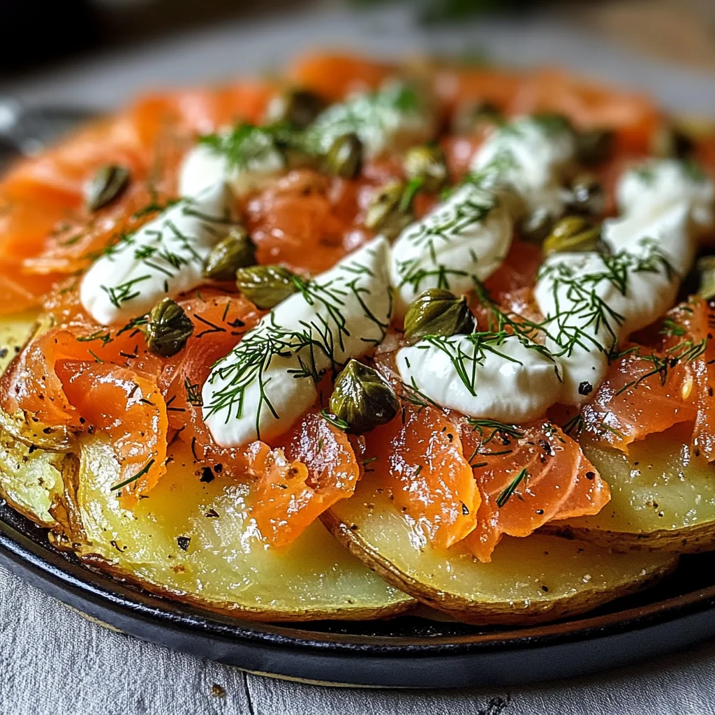 Knusprige Kartoffelgalette mit Räucherlachs und Crème Fraîche