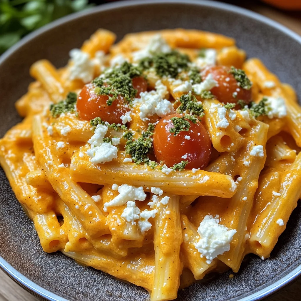 Pasta mit Kürbissoße und Feta
