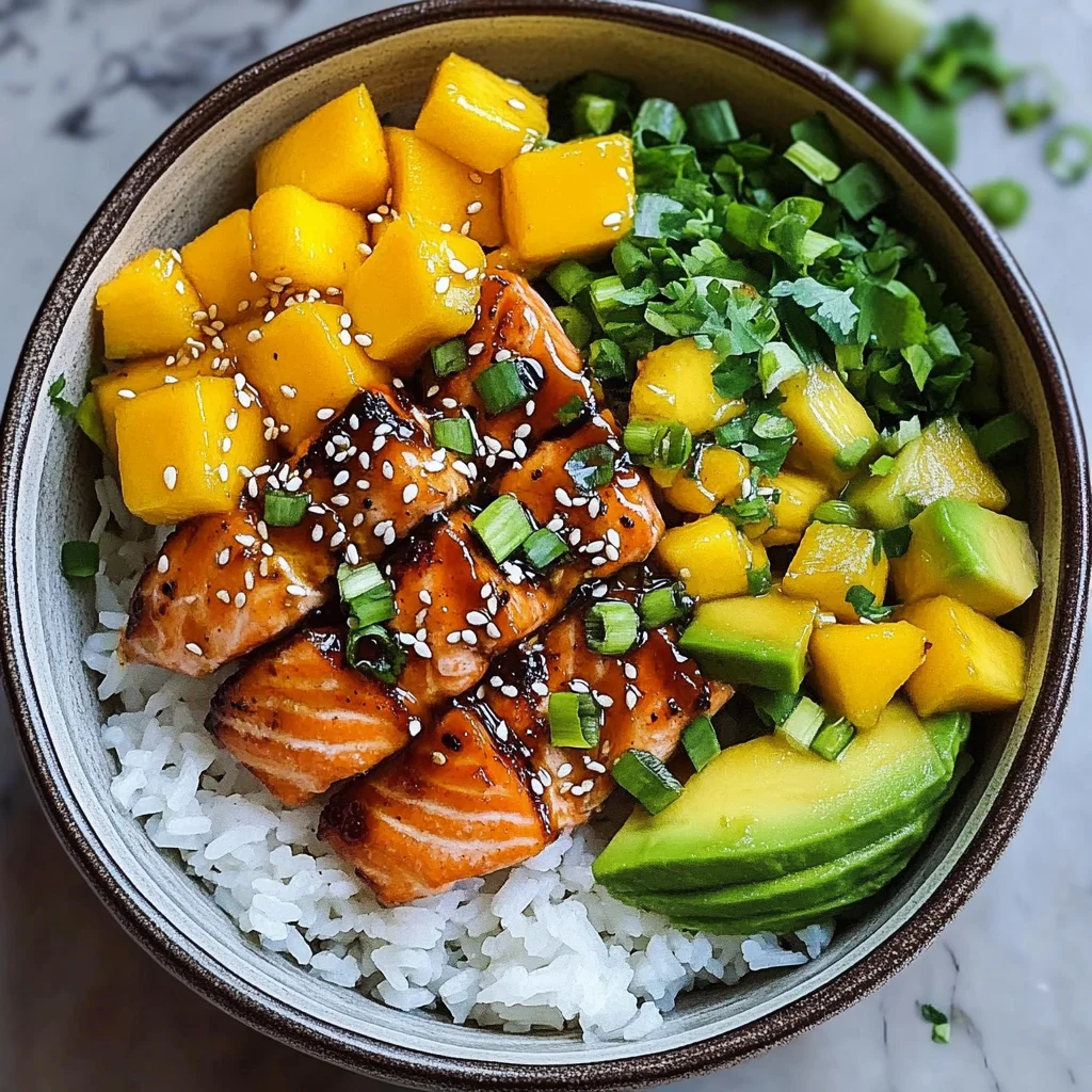 Teriyaki Lachs Reisschüssel mit Mango