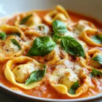 Tortellini mit Tomaten-Sahnesoße, Käse und Basilikum