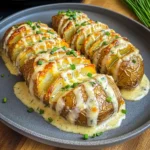 Überbackene Hasselback Kartoffeln in cremiger Sauce