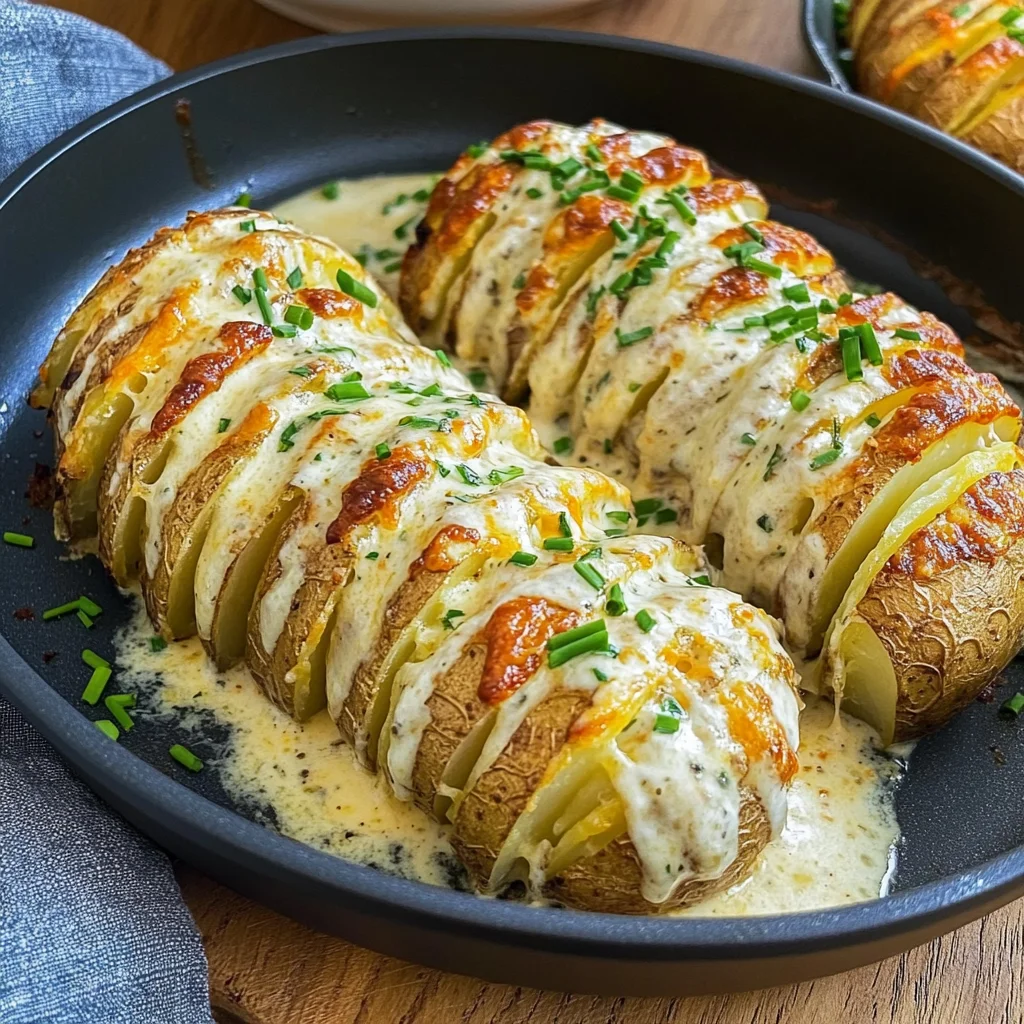 Überbackene Hasselback Kartoffeln in cremiger Sauce